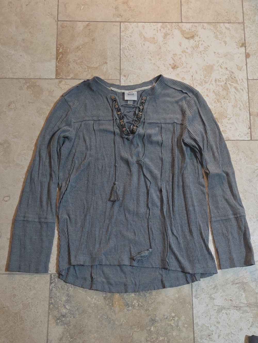 Knox Rose Gray Lace-Up Ribbed Long Sleeve Top | Size Large | Casual Knit Pullove